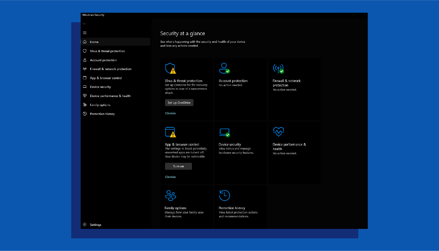 configuration panel for Windows Defender 