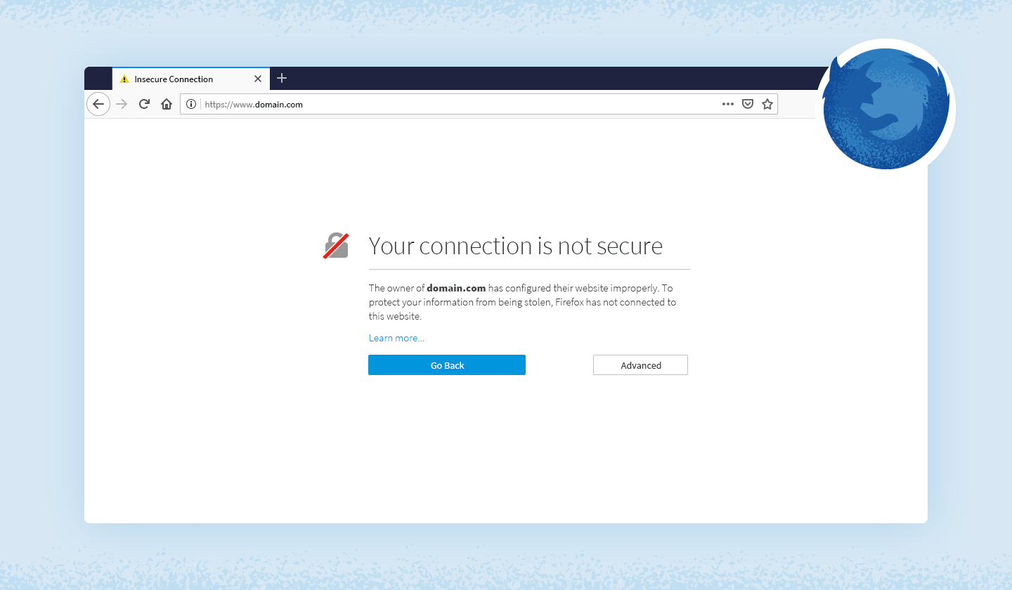 Screenshot of what "your connection is not private"  error looks like in Firefox.