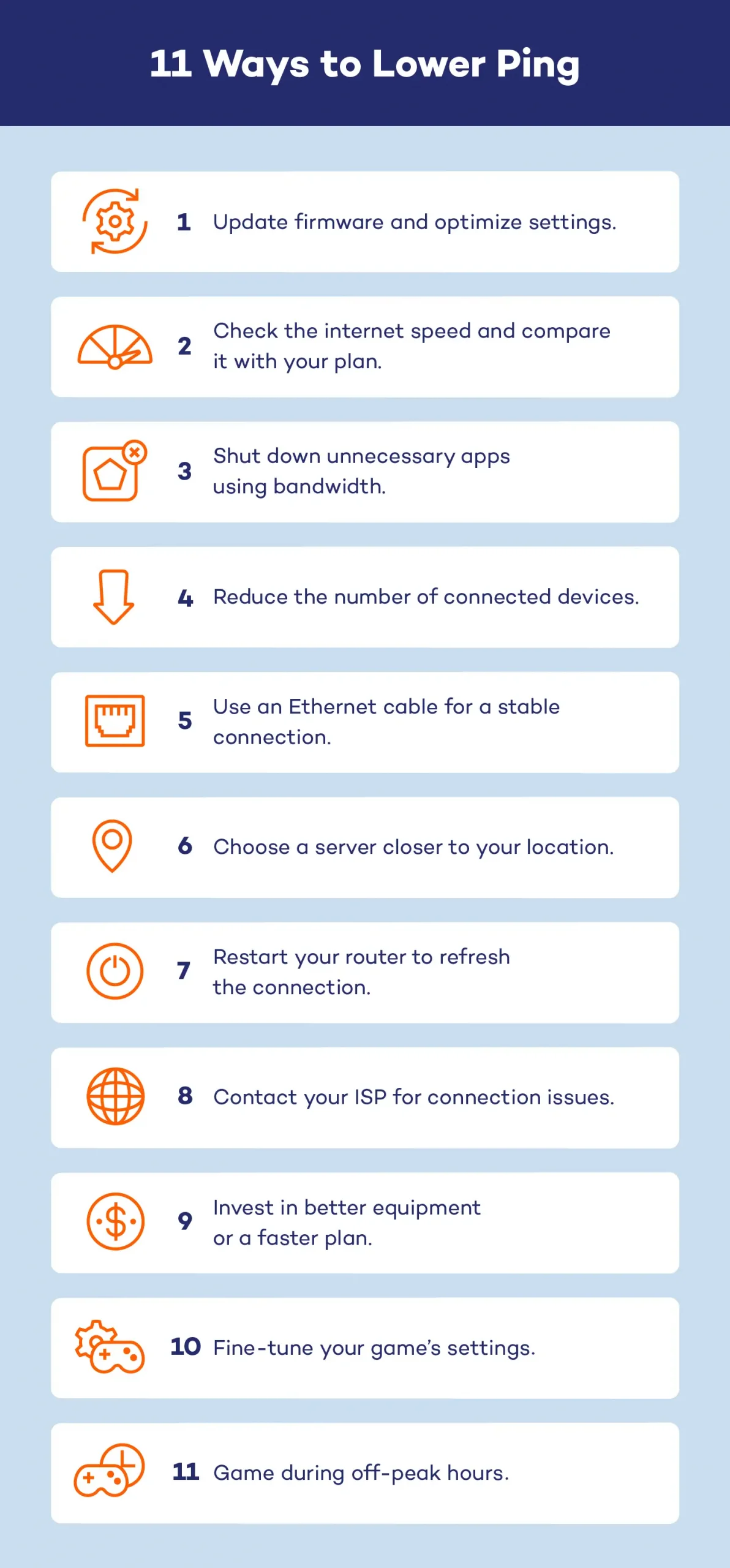 Infographic detailing 11 practical tips to lower ping 