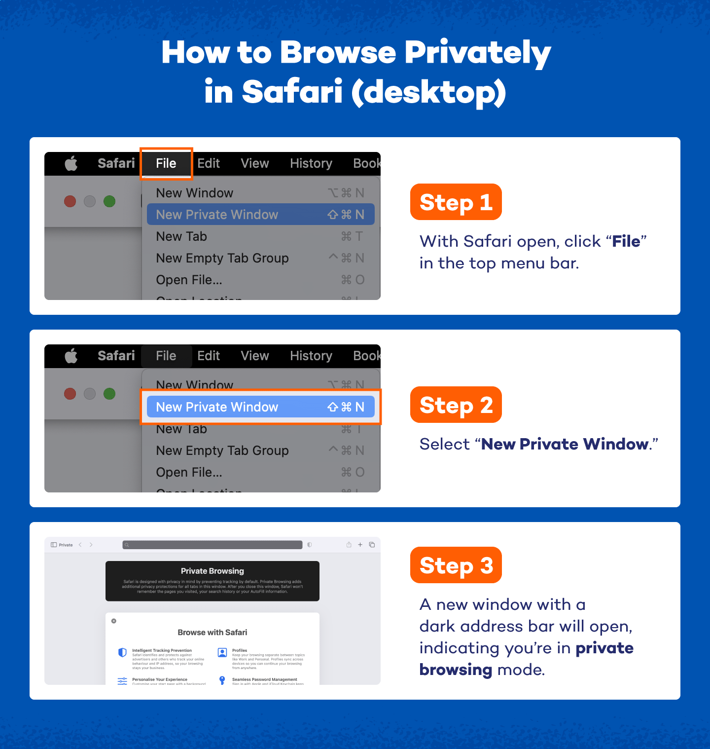 Come navigare in privato in Safari (desktop)
1 Apri Safari
2 Fai clic su File nella barra dei menu superiore
3 Seleziona Nuova finestra privata
4 Si aprirà una nuova finestra con una barra degli indirizzi nera, che indica che ora stai navigando in privato