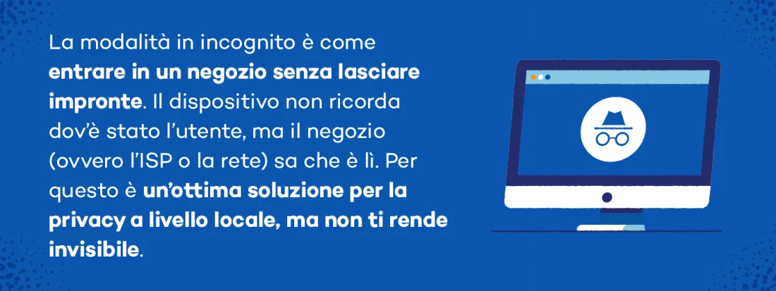 La modalità in incognito è come entrare in un negozio senza lasciare impronte. Il dispositivo non ricorda dov’è stato l’utente, ma il negozio (ovvero l’ISP o la rete) sa che è lì. Per questo è un’ottima soluzione per la privacy a livello locale, ma non ti rende invisibile.